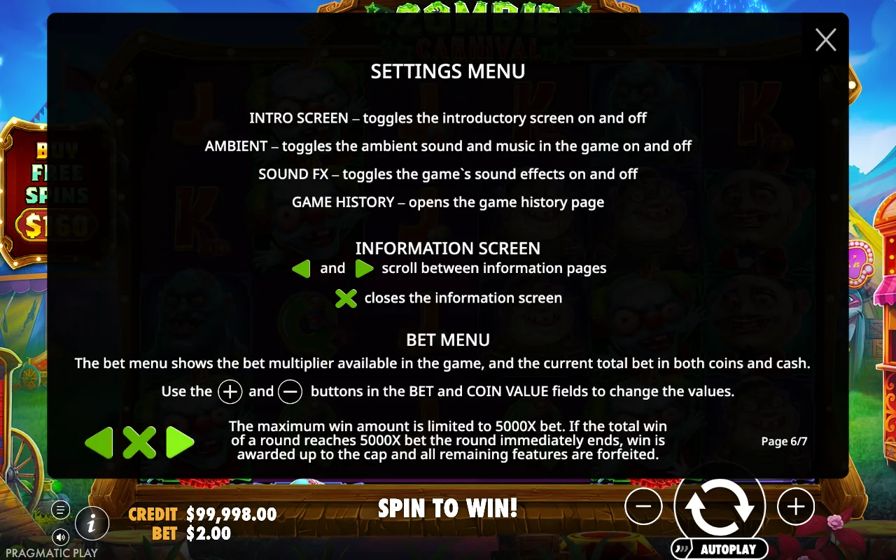 Settings menu — Zombie Carnival