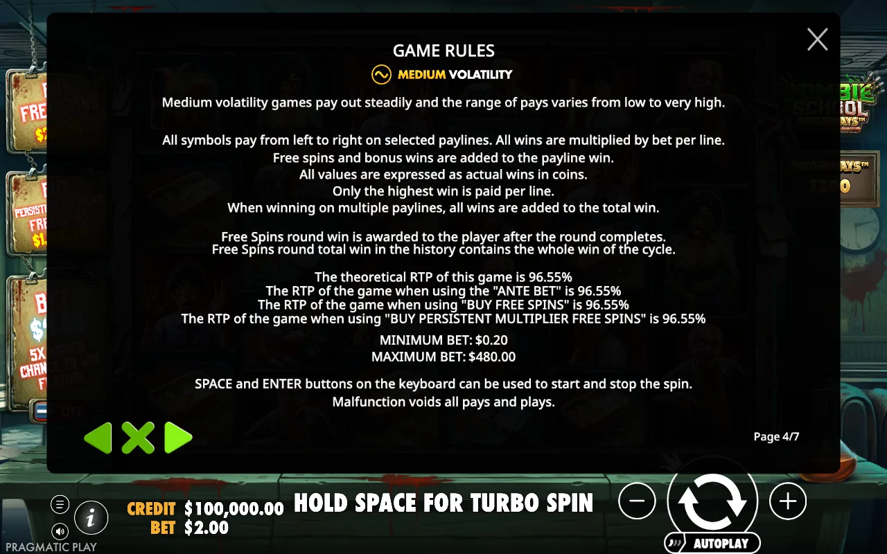 Game rules — Zombie School Megaways