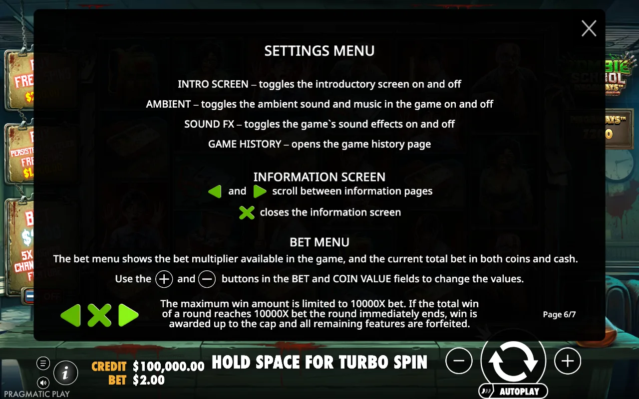 Settings menu — Zombie School Megaways